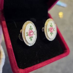 Vintage Screwback Clip Earrings With Painted Rose